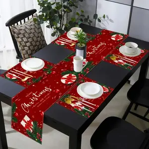 1 piece/5 piece set, 7 piece linen Christmas placemat and table flag set - Red Merry Christmas pattern design - Retro farmhouse grid style desktop decoration, suitable for festive parties, party decoration, home dining kitchen table decoration