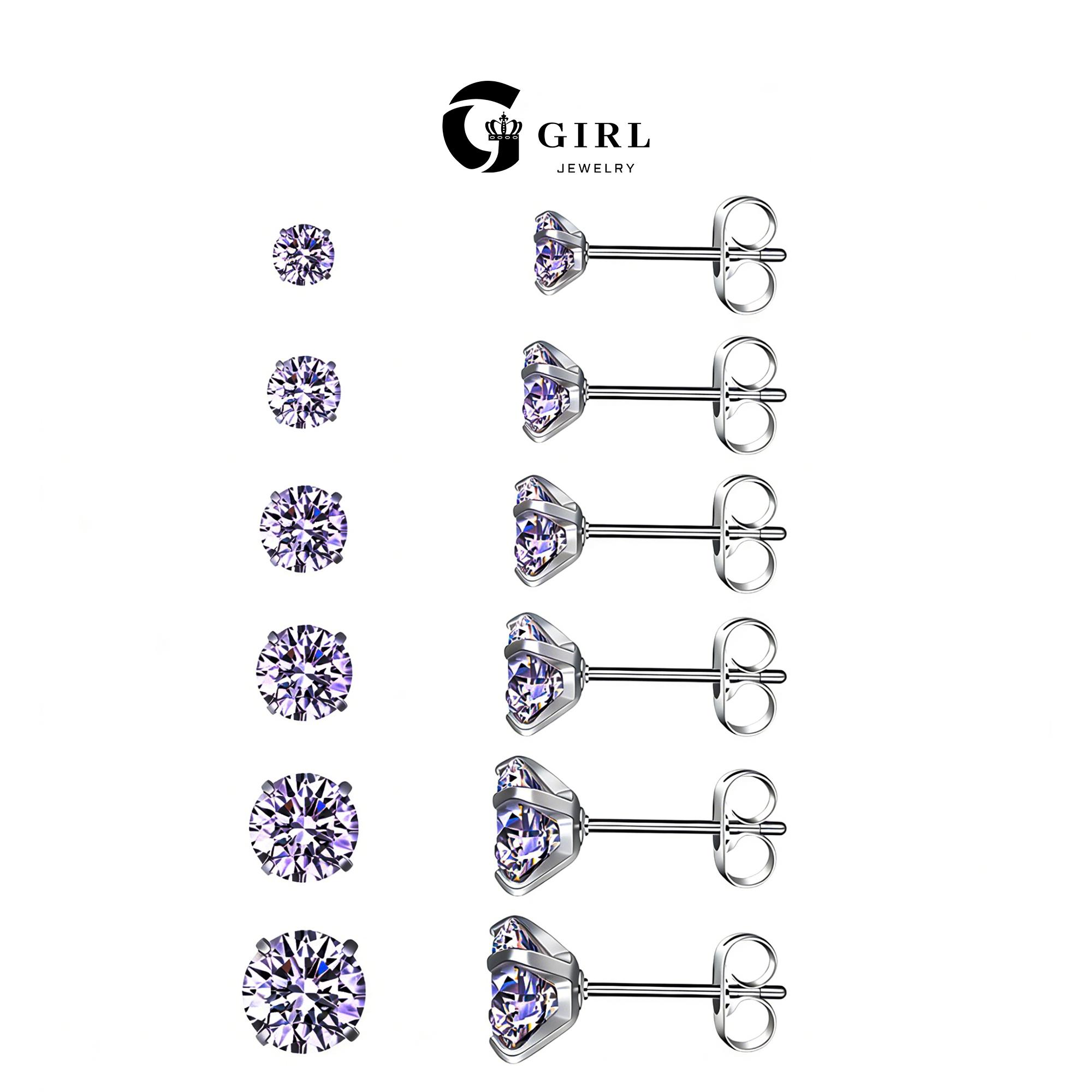 6 Pairs Stud Cubic Zirconia Earrings Set（ 3-8mm）, Stainless Steel Hypoallergenic Cubic Zirconia Earrings   Chic Gorgeous Jewelry As Gift for Girlfriend, Elegant Minimalist Earrings