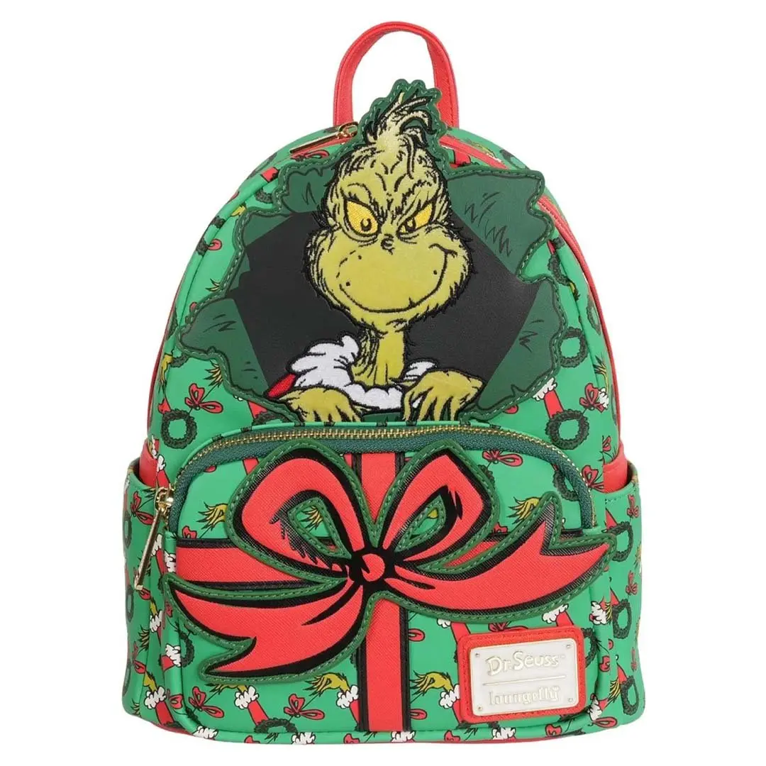 Unisex Loungefly Dr. Seuss How the Grinch Stole Christmas Graphic Faux Leather Collectible Holiday Mini Backpack - Zip Closure, Oversized Bow, 9.5in L x 10.5in H x 5.5in D - Entertainment Earth EX Collectibles