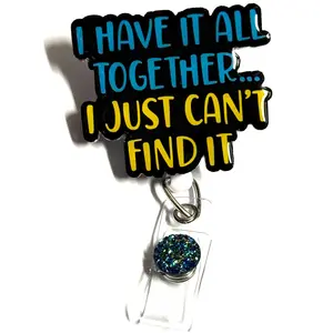 I Have It All Together Badge Reel Retractable Swivel Alligator Clip with Blue Glitter Charm Secure ID Accessory