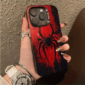 Trendy Retro Black Red Spider Pattern Phone Case for iPhone 16e Pro Max 15 14 13 12 11 Fashionable Phone Shockproof Shock Absorber Cover