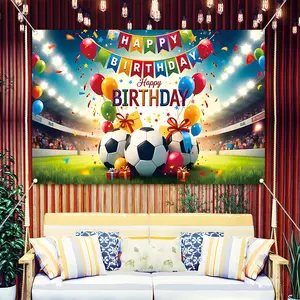 Soccer Happy Birthday Backdrop Banner, Sports Theme Party Decorations with Football Stadium Balloons, Durable Polyester Fabric Photo Booth Prop, Reusable Easy to Clean, Perfect for Kids Birthday, Soccer Party, Sports Celebration, Home Decor, Gift