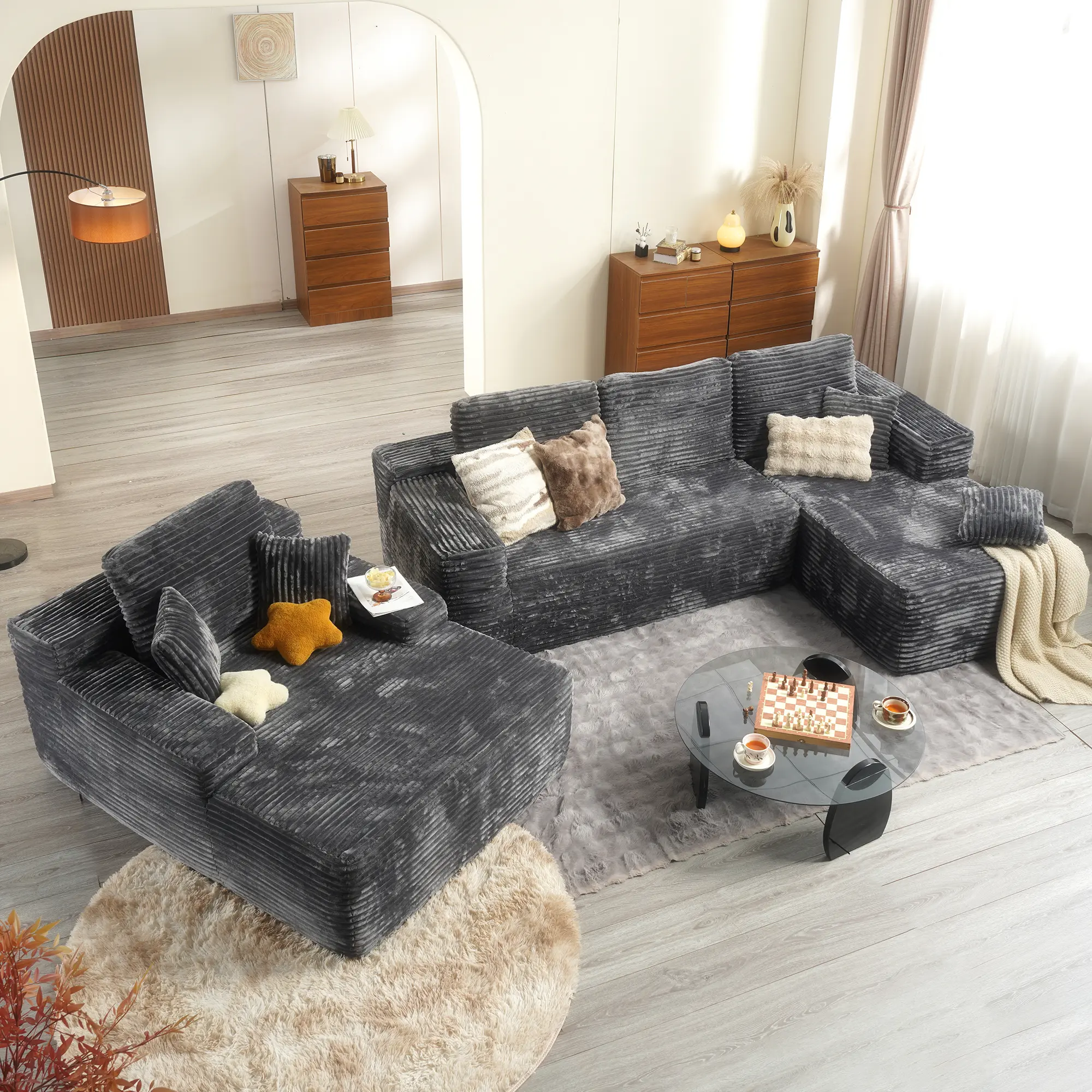 Grey Plush Corduroy Right Chaise with Chaise Sofa