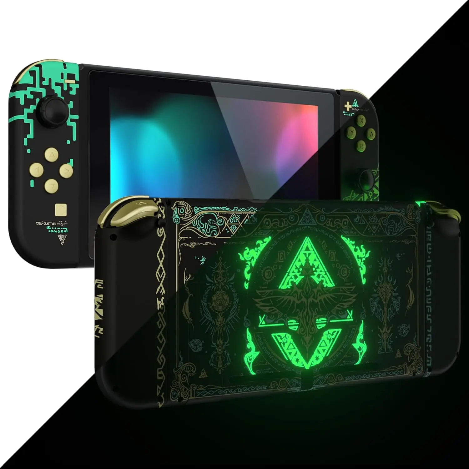 eXtremeRate DIY Replacement Shell Kit with Full Set Buttons, Back Plate, 2x Speaker Dustproof Net for Nintendo Switch Console & Joycon Controllers - Glow in Dark Totem of Kingdom Black Gaming Accessories, Glow In The Dark, Screws