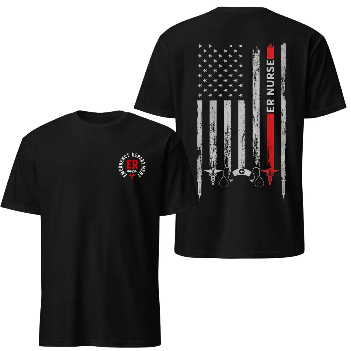 ER Nurse American Flag Graphic Tee - Distressed Emergency Department Shirt | Vintage Nursing Apparel for Women Men - Medical Hero Appreciation Gift