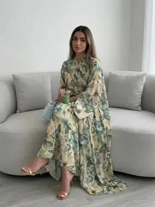 Elegant Floral Abaya Open Front Cardigan Long Robe Set, Print Loose Fit Perfect for Vacation Parties Gatherings, Includes Headscarf, Fashionable and Beautiful, Watercolor Hijab, Chilly Day, Autumn Vibes