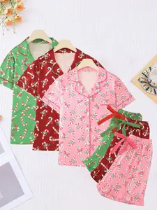 Women's Christmas Themed Pajama Set, Casual Comfy Short Sleeve Button Up Top & Elastic Waist Shorts PJ Set, Ladies Sleepwear for Summer, Loungewear