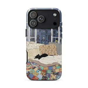 COZY KITTEN Phone Case Vintage Floral Quilt & Black Cat Design Tough Polycarbonate TPU Impact Resistant for iPhone Samsung Google Pixel