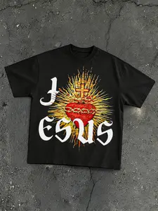 Dark Street Thorn Heart Cross T-Shirt, American Vintage Gothic Style, Loose Fit Short Sleeve, Men's Casual Long T-Shirt