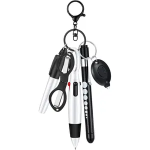 6 Pcs Nurse Pen Set Including Permanent Marker Pen Retractable Ballpoint Pen Keychain Clip Foldable Scissors LED Flashlight Keychain, Practical Nurse Accessories (Black)