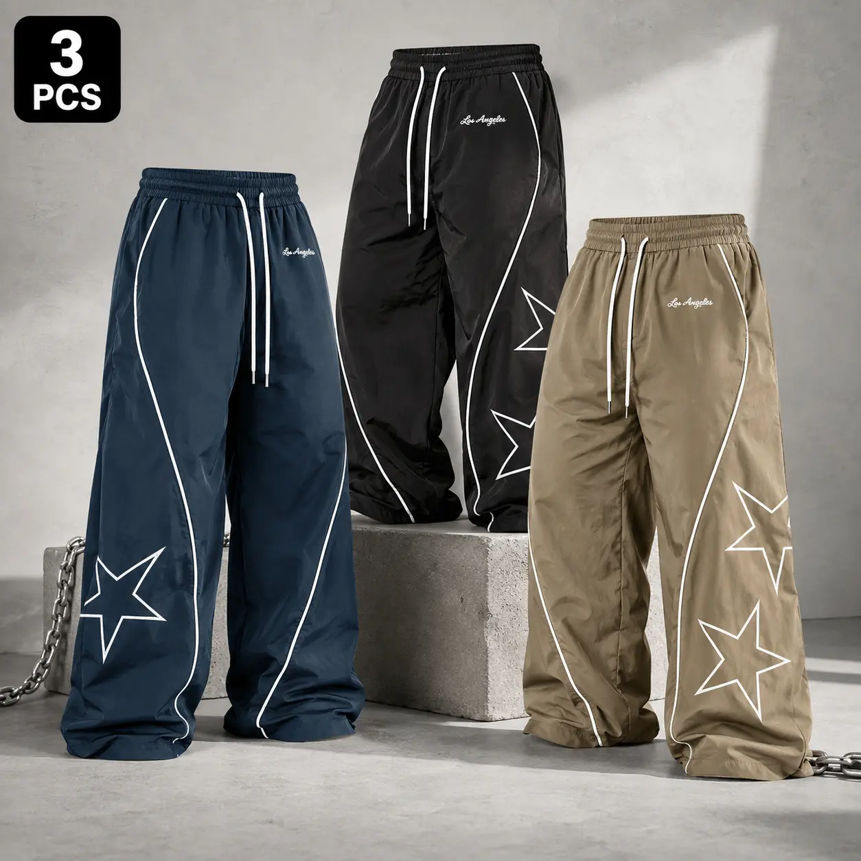 Men's Loose-Fit Polyester Track Pants - Lightweight, Wind-Resistant, Star Pattern, Contrast Line, Elastic Cuff, Drawstring Waist Streetwear Clothing (3 Colors Available)