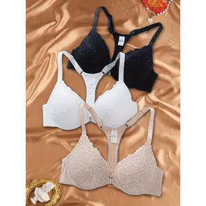 3-piece set of solid color lace front closure bras, non-removable chest pads, thin strap design enhances mature temperament, suitable for shopping and other occasions