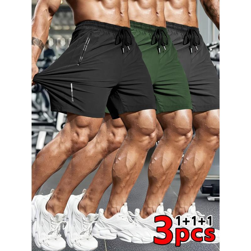 HIDKAT Men's 3pcs High-Stretch Breathable Polyester-Blend Active Sports Shorts, 15% Elastane, Solid Pattern, Above-Knee, Reflective Strips, Non-Restrictive Fit, Drawstring, Soccer, Digital Print, for Running, Fitness