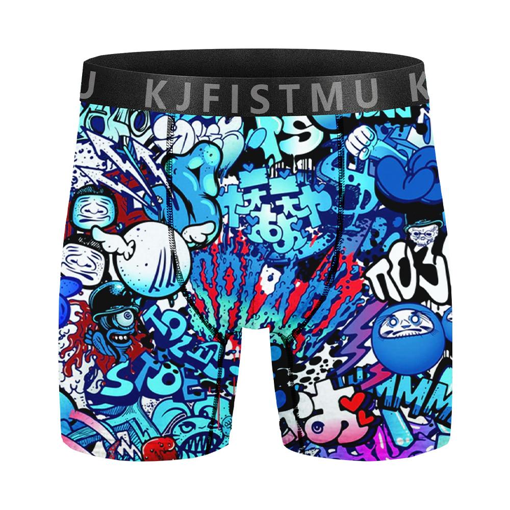 4-piece set of men's long printed boxer briefs, elastic and comfortable casual sports underwear, trendy graffiti-style prints, street style, breathable and thin fabric for sports, fitness, and daily wear Menswear Soft