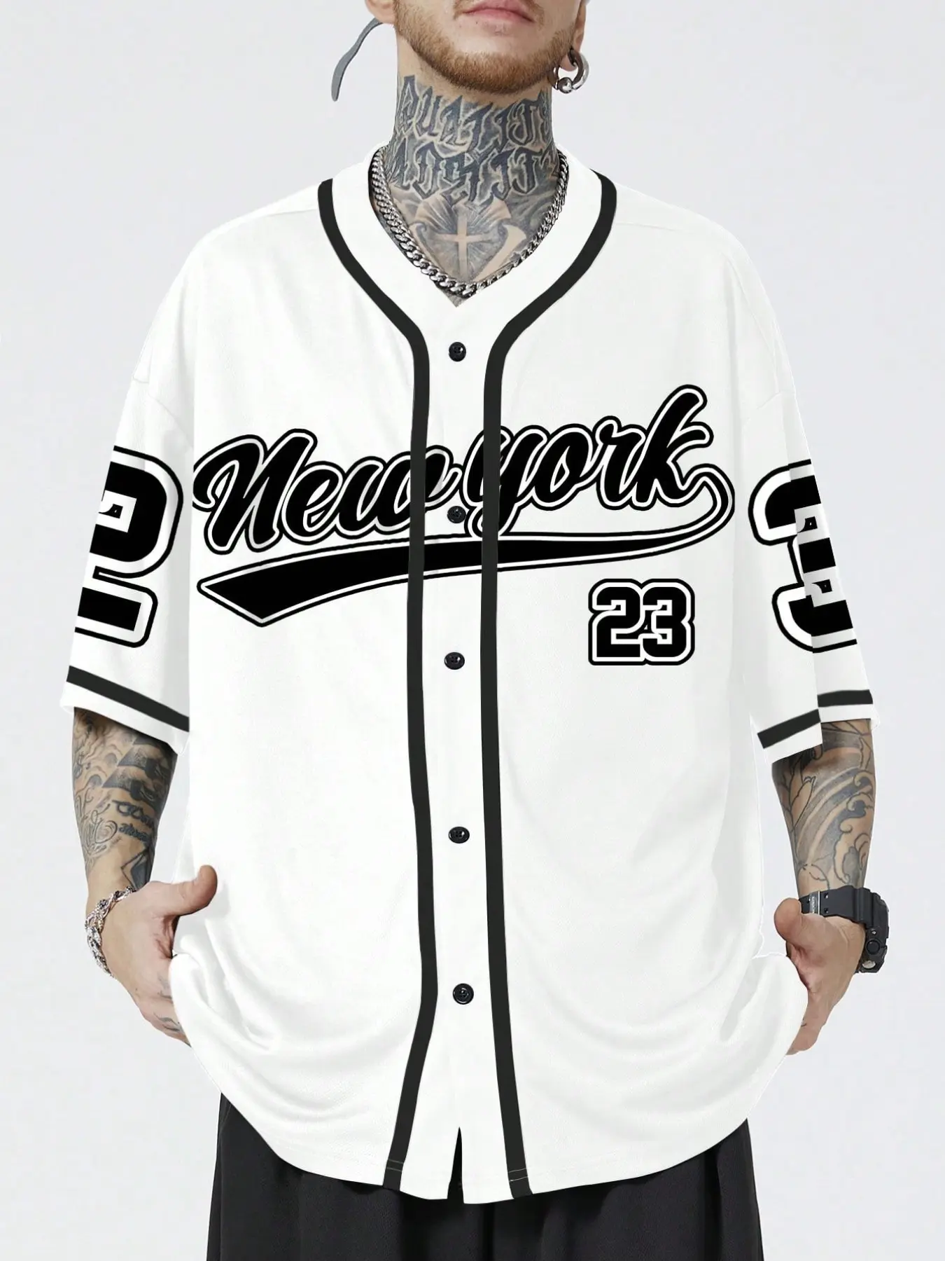 Retro New York "23" Baseball Jersey, Stylish Jersey, Casual Sports Jersey, Color Block Button-Up Short-Sleeve Shirt, Breathable Varsity Style Top, Casual Sporty Top, Breathable Athletic Top, Daily Outings & Summer Outfits, TikTok Eye-Catching Piece
