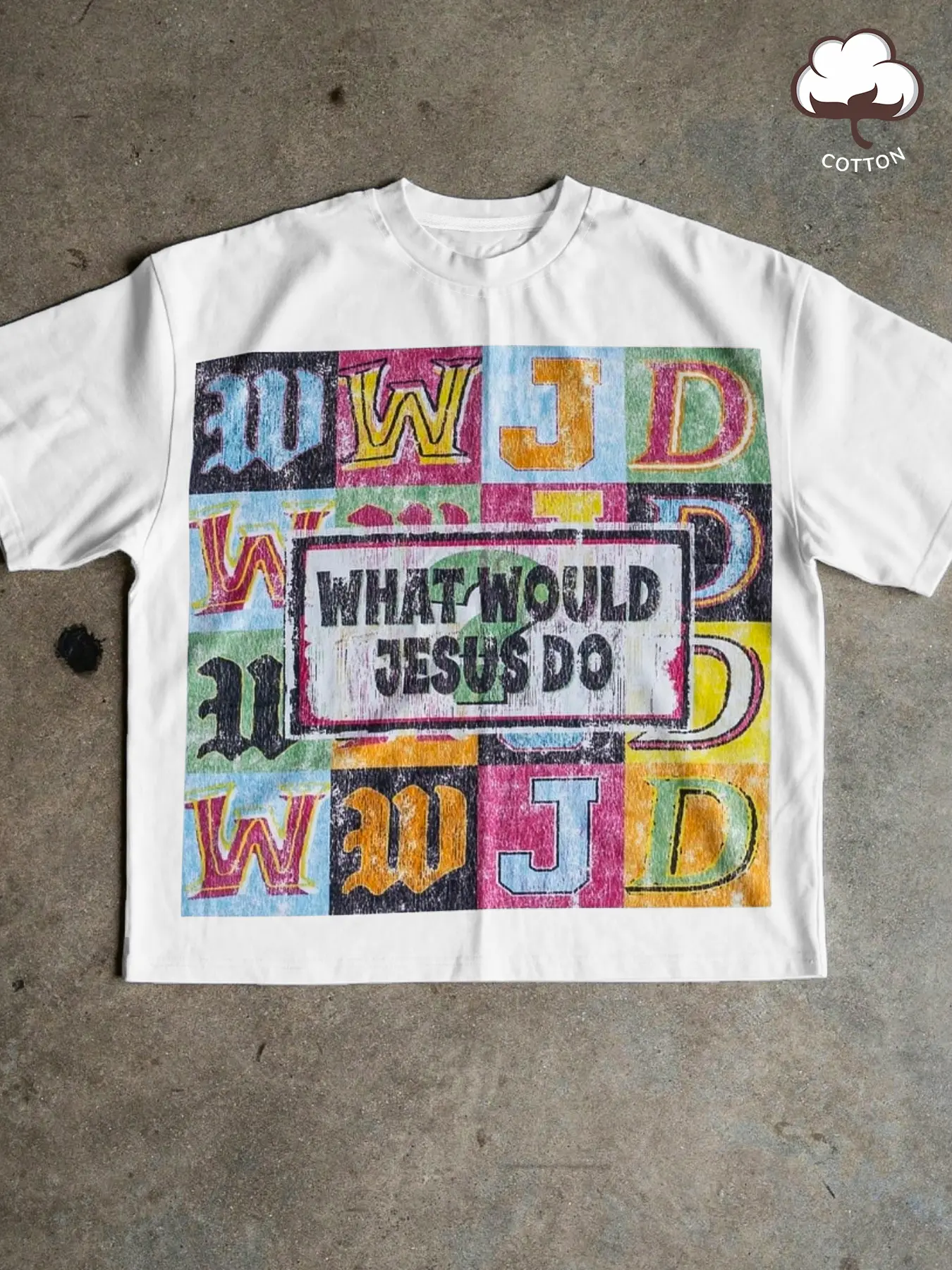 Unisex Christian T-Shirt, WWJD Inspirational Message with Retro Color Patchwork, Faith-Based Apparel Fit for Daily Wear and Religious Events