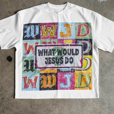 Unisex Christian T-Shirt, WWJD Inspirational Message with Vintage Retro Color Patchwork, Casual Faith-Based Apparel Fit for Daily Wear and Religious Events, Menswear