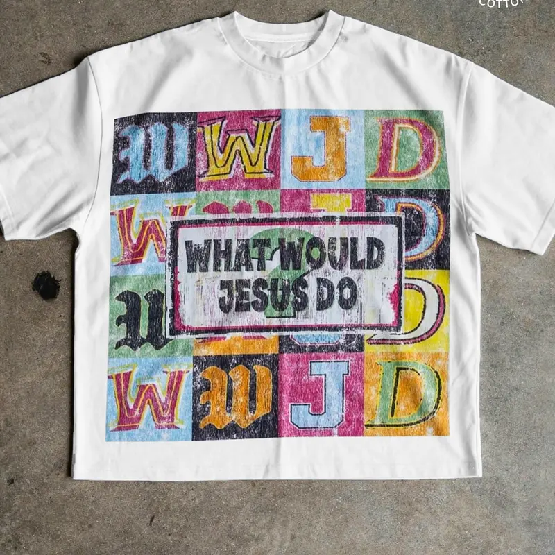 Unisex Christian T-Shirt, WWJD Inspirational Message with Vintage Retro Color Patchwork, Casual Faith-Based Apparel Fit for Daily Wear and Religious Events, Menswear