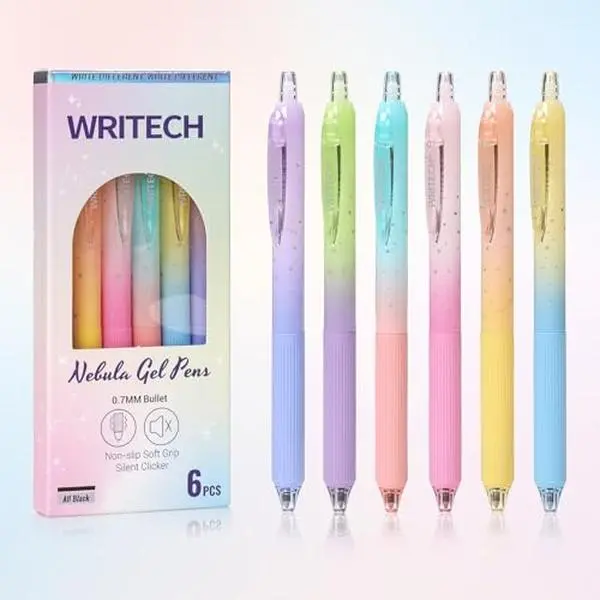 WRITECH Gel Pens Fine Point: Nebula Pen Set 0.7mm Black Ink Retractable 6ct Medium Point Smooth Writing with Aesthetic Gradient Color Barrel for Journaling Note Taking Silent Click No Smear