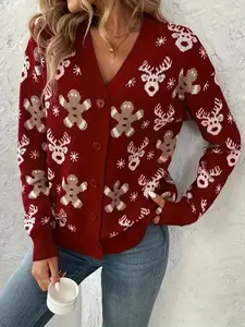 Women's Elegant Christmas Gingerbread Snowflake Jacquard Knit Sweater, Long Sleeve, Hand Wash/dry Clean, Festive & Casual Wear