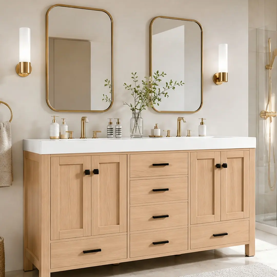 59.3" W x 19.8" D x 34" H Modern Wood Grain Bathroom Vanity Floor Cabinet, Double SMC Resin Sinks, Solid Wood Frame, MDF Body, Soft-Close Doors/Drawers (4 Doors, 5 Drawers), Adjustable Shelves, Black Aluminum Alloy Handles, 191.15 lb, Assembly Required, D