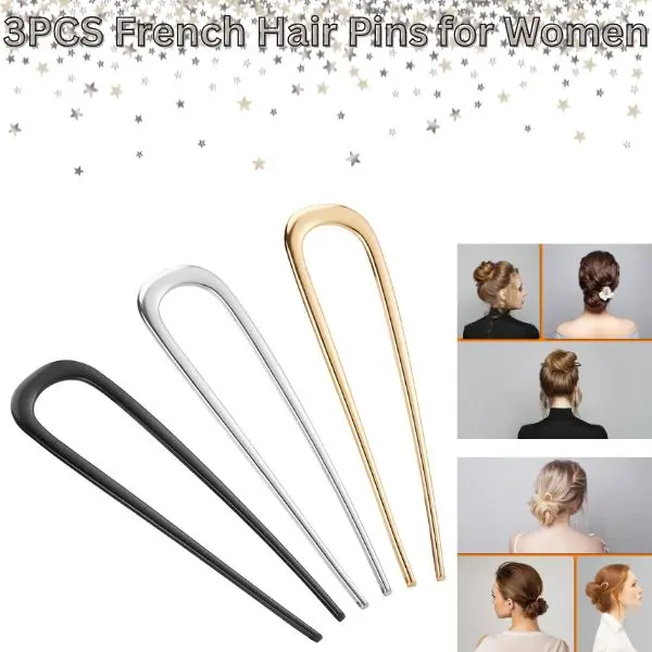 Women’s 3PCS Metal U Shaped French Hair Pins, Strong Hold No Damage Hair Clips for Bun French Twist Updo, Elegant Hair Accessories Gold Black Silver, Mother’s Day Gift, Birthday Gift