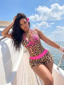 Leopard Print Halter Tankini Set, Y2K Cheeky High-Cut Beach Festival Swimwear