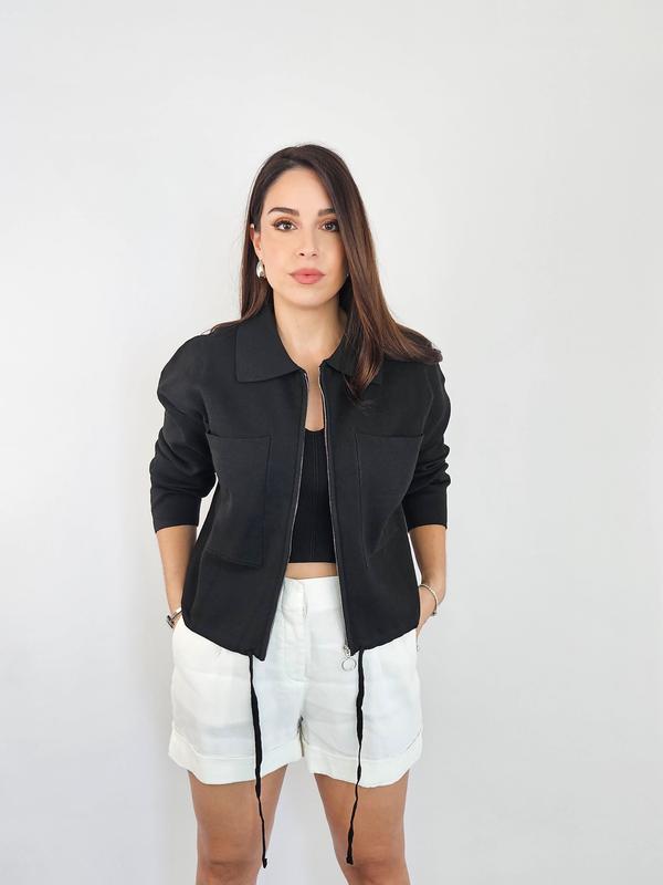 Black Cropped Jacket - Outerwear, Women's Boxy Coat with Zipper, Perfect for Layering