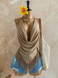 Women's Vacation Casual Textured Knit Halter Neck Sleeveless Top With Tassel Hem Bohemian Cowgirl Fringe Top Scarf Vintage Beach Halter Top Womenswear