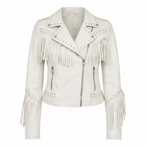 Women's White Genuine Leather Fringe Biker Jacket with Studded Detail – Trendy & Edgy