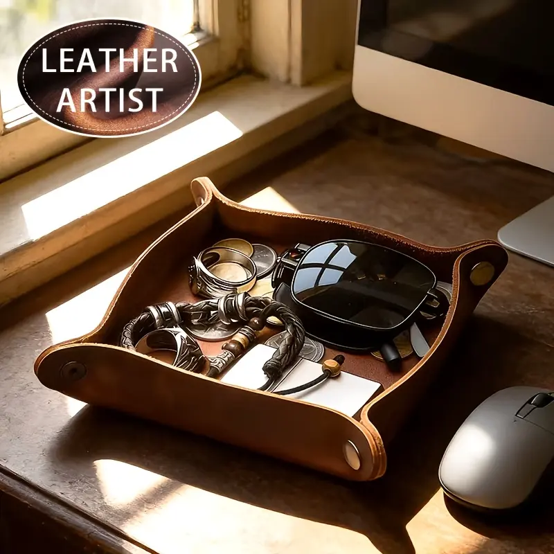 Handcrafted Top-Grain Genuine Leather Square Desktop Organizer for Organization Storage - Deep Brown, 4 Secure Snaps Closures, Rounded Corners