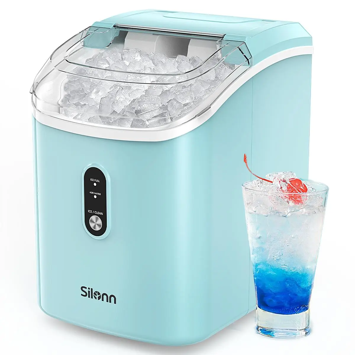 Silonn Countertop Sonic Ice Maker Machine for Home Kitchen, Chewable Ice Machine w/ Self-Cleaning, 33 lbs daily, Portable, Stainless Steel, Basket & U