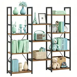 Triple 4 Tier Bookshelf, Tall Book Shelf with 11 Open Display Shelves, Adjustable Industrial Bookcase in Living Room, Bedroom, Wide Metal Bookshelf Book Case for Home & Office, Rustic Brown