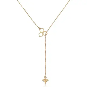 Dainty Bee Lariat Necklace for Women Honeycomb Bumble Bee Necklace Adjustable Y Drop Necklace