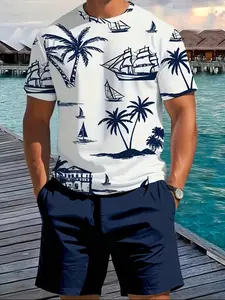 Men's 2-Piece Coconut Tree Tropical 3D Print Summer Clothing Set, Short Sleeve Round Neck T-Shirt & Drawstring Shorts, Casual Outdoor Wear