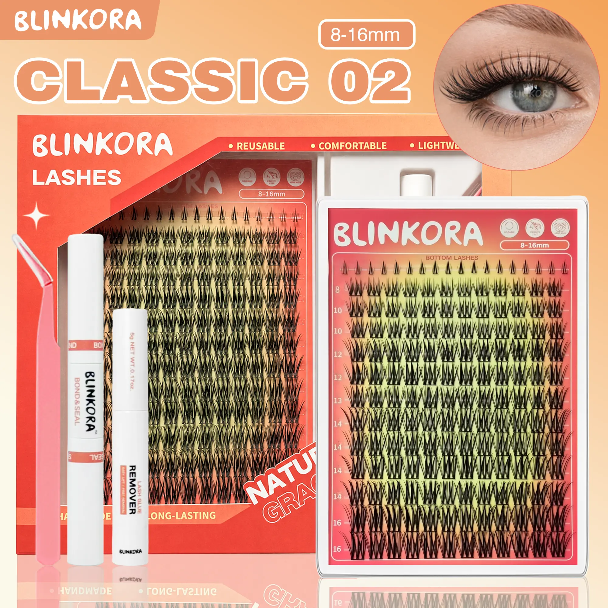 Blinkora Classic02 Lashes Clusters Kit, Waterproof Long-Lasting DIY Eyelash Extensions, 8-16mm Mixed Lengths, Beginner-Friendly Set with Glue, Remover & Applicator, Eyelash Clusters Kit