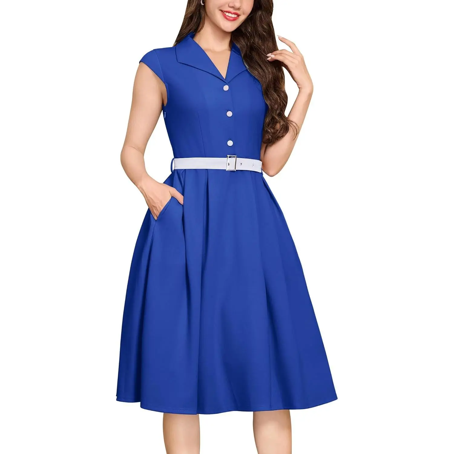 Women's 1950s Retro Sleeveless Midi Swing Dress with Belt, Pockets, Chic Cap Sleeves Option, Zipper Closure - Bridal Cocktail Prom Outdoor Formal Dress, Button, Soft, Beach, Lady, Light, Elegant, Evening, Casual