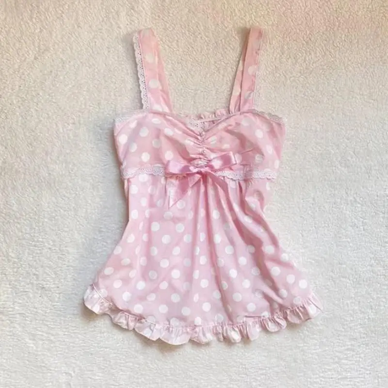 Women's sweet and cute fairy tale style  casual slim fit crop top with polka dots, Kawaii bow lace, all paired with American Gothic cartoon top