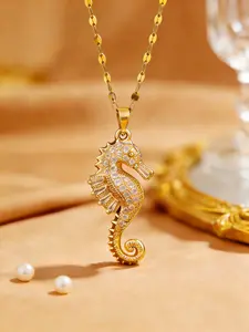 Fashion Oxidized Zircon Seahorse Pendant Necklace, Stainless Steel Choker Chain, Daily Wear Holiday Gift, Beach Vacation Jewelry
