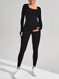 Maternity's Solid Long Sleeve Square Neck Sports Jumpsuit, Casual Sporty Comfy Tight-fitting Tummy Control Jumpsuit for Yoga Gym Workout, Ladies Sportswear for Pregnant Woman