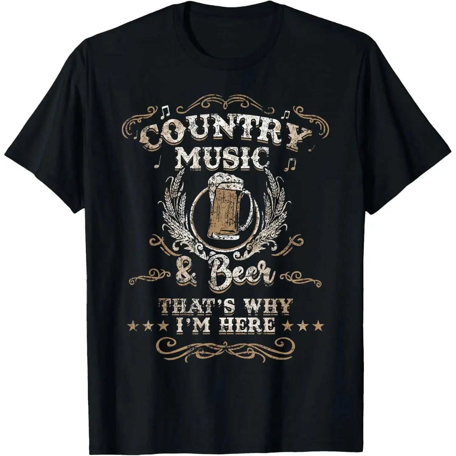 Women's Black Cotton Distressed Western Beer Country Music Graphic Print T-Shirt - Crew Neck, Short-Sleeve, Breathable Fabric, Streetwear Casual Tee, Ideal Gift for Enthusiasts, Work Top