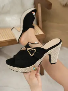 Women's Vintage Knitted Chunky Heel Sandals, Velvet Triangle Buckle High Heels Fish Mouth Open Toe Slippers, Waterproof Non-Slip Thick Sole Mules, Footwear