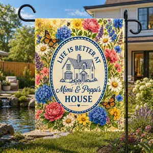 Personalized Garden Flag Mimi & Poppis House, Floral Butterfly Yard Flag, Custom Family Name Flag, Spring Summer Garden Decor
