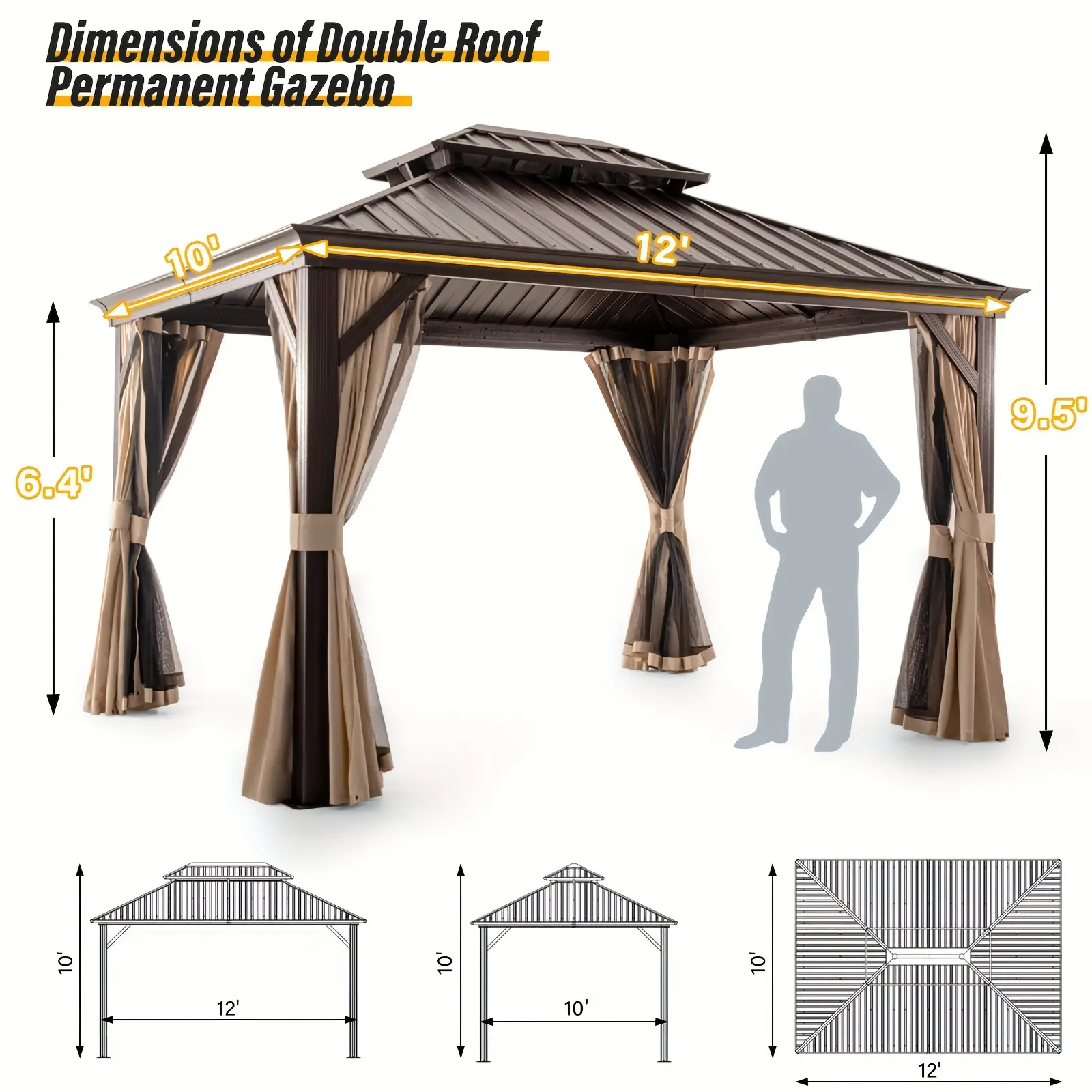LAUSAINT HOME Heavy-Duty Metal Gazebo with Waterproof Double Roof & Brown Aluminum Frame - All-Weather Pavilion with Semi- Netting & Curtains, Spacious Patio Canopy with Built-in Shelving Design for Backyard, Garden, Poolside - Easy Assembly, Durable & St