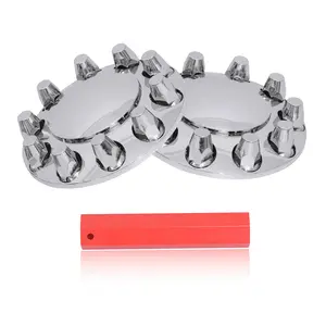 Chrome ABS Complete Axle Cover Set with Hub Caps and 33mm Screw-On Lug Nut Covers for Semi Trucks (2 Front) Car Accessories