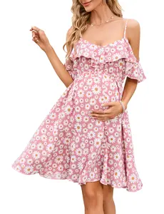 YESFASHION Maternity Nursing Dress Womens V-Neck Spaghetti Strap Ruffle Sleeve Daisy Printed A-Line Tiered Flowy Swing Dress Pink XL
