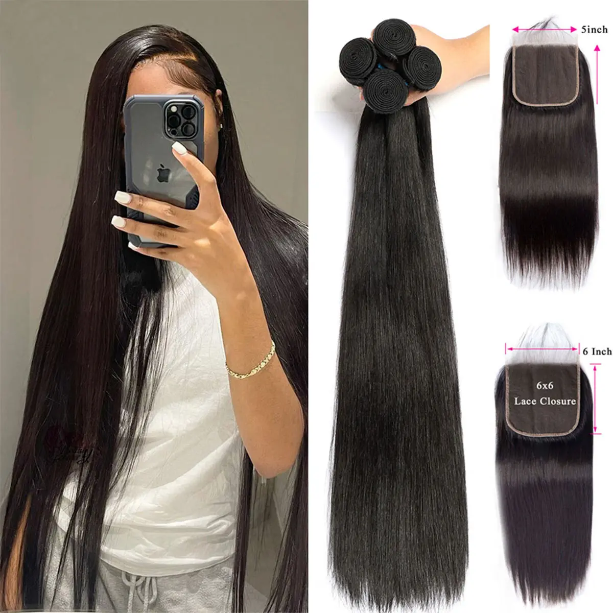 Brazilian Human Hair Weave Bundles with Lace Closure Straight Extensions BELE HAIR 5x5 Lace Closure With Bundles Brazilian Straight  main image 2