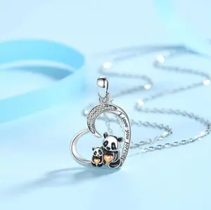 Genuine 925 Sterling Silver Zircon "Mother & Cub" Panda Heart Pendant Necklace