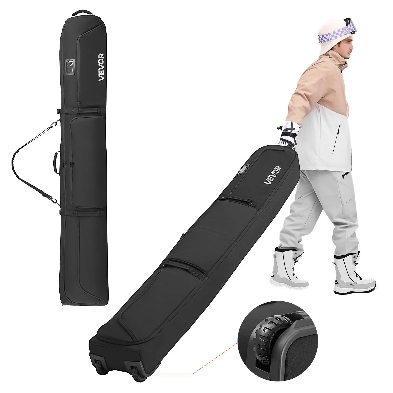 Waterproof Wheeled Ski & Snowboard Bag, 190cm Padded 600D Oxford Gear Luggage for Air Travel with Adjustable Straps, Large Capacity Bag, Oxford Fabric, 74.8" Length, Padded Wheeled Bag, Up To 74.8 In