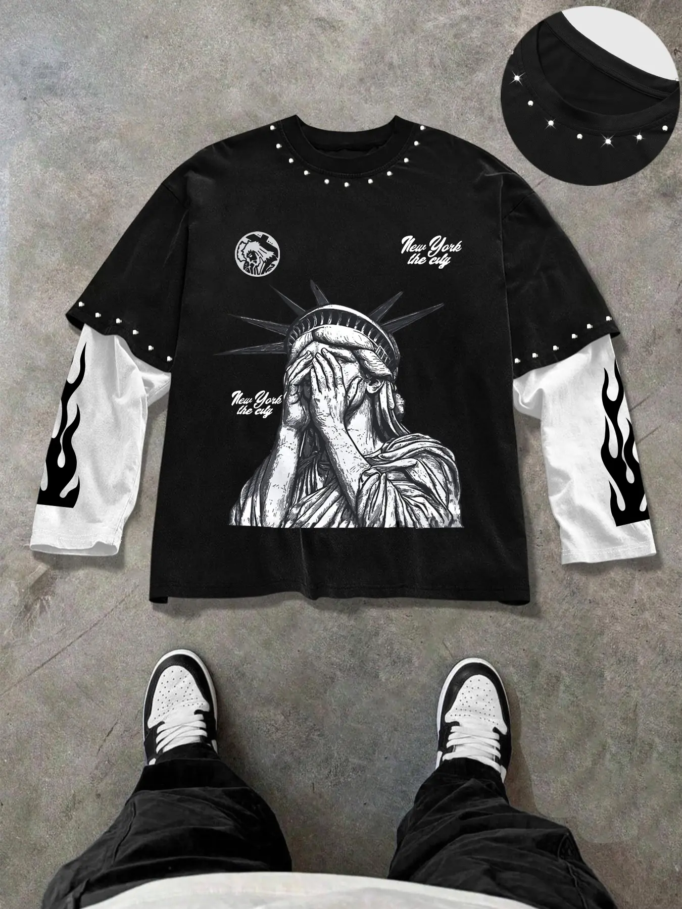 Men's Thin Long Sleeve T-Shirt, Fake Two-Piece Design, Sun Goddess Letter Print, Casual Streetwear Knit Top, Soft Fabric, All-Season Gift, Aesthetic